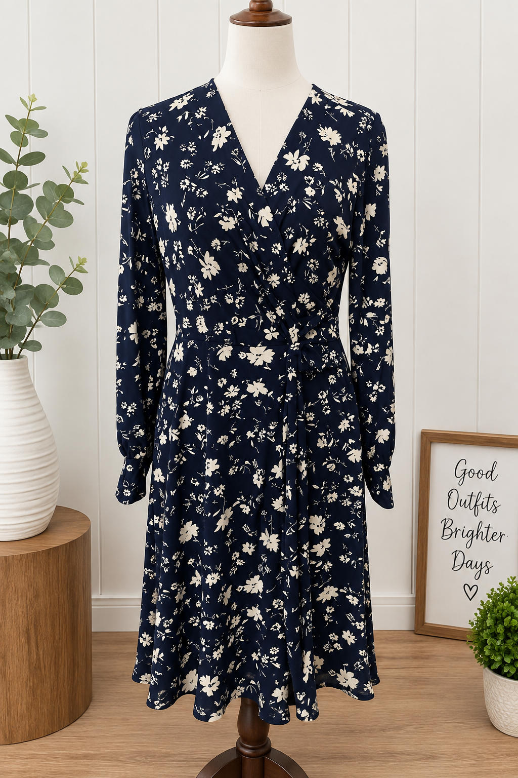Size Large Kaileigh Navy Floral Faux Wrap Dress
