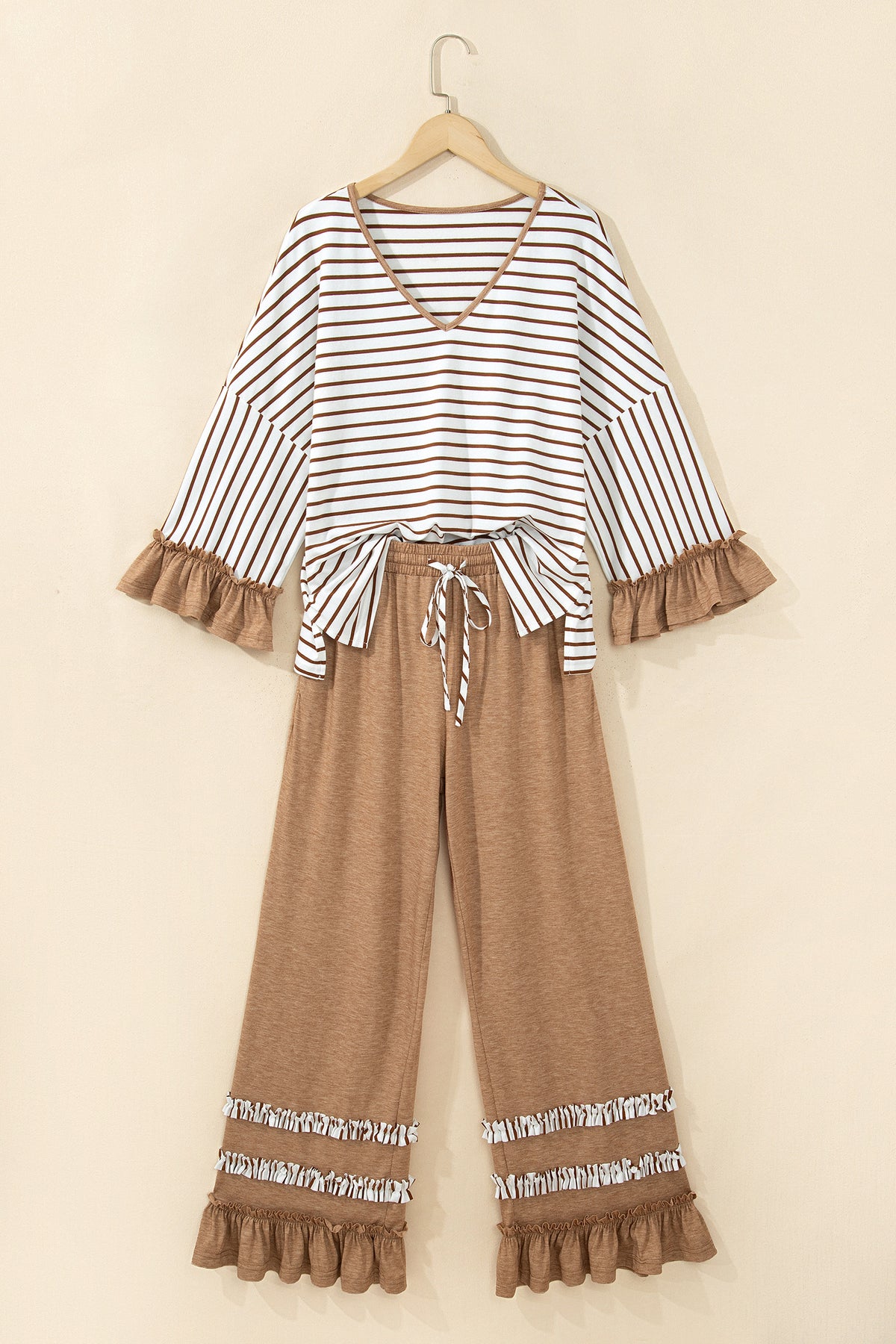 Khaki Stripe V Neck Ruffle Contrast Sleeve Top Drawstring Pants 2pcs Set