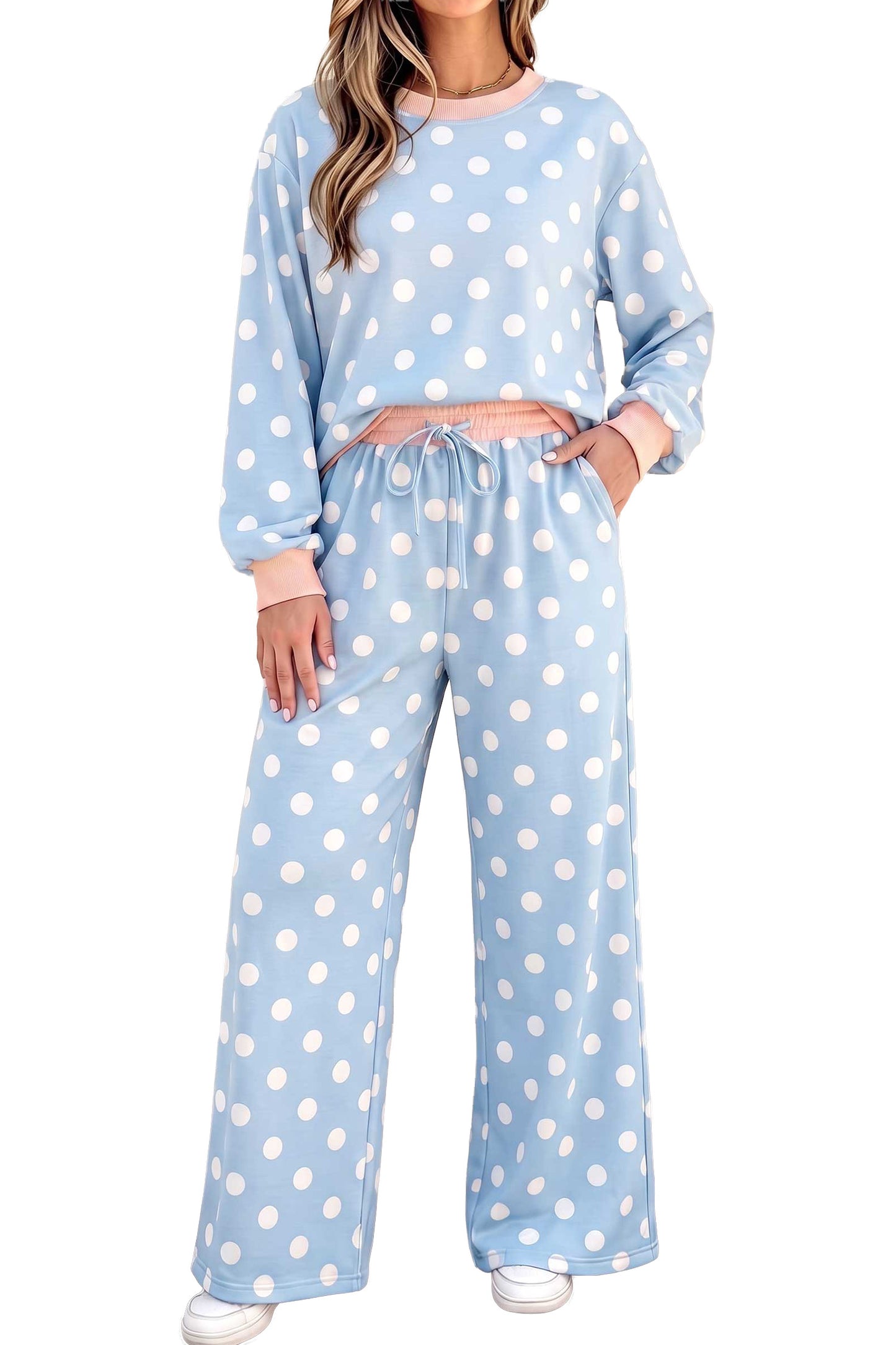 Sky Blue Polka Dot Contrast Trim Long Sleeve Top Drawstring Shift Pants Set