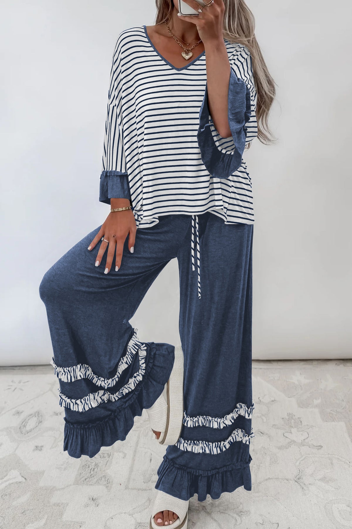 Khaki Stripe V Neck Ruffle Contrast Sleeve Top Drawstring Pants 2pcs Set