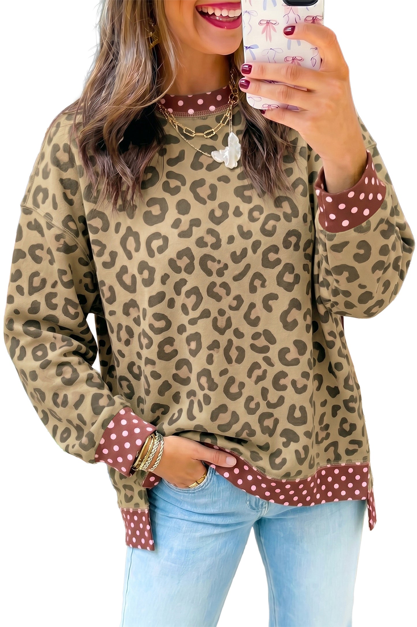 Khaki Leopard Polka Dot Colorblock Trim Long Sleeve Top