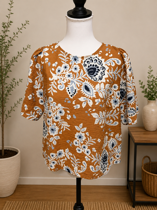 Size Medium LOFT Rust Floral Paisley Short Sleeve Blouse