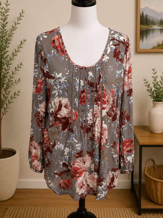Size Large Daniel Rainn Gray Floral Long Sleeve Blouse