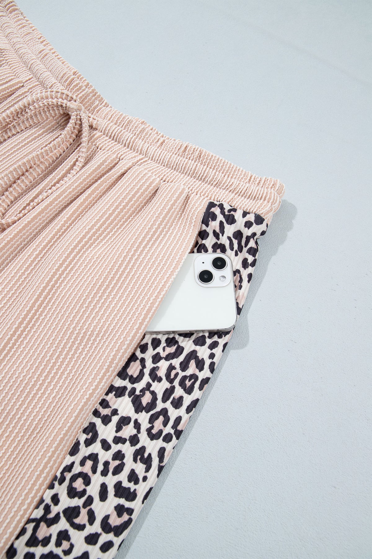 Light French Beige Leopard Print Ribbed Twist Long Sleeve Top Pants Plus Size Set